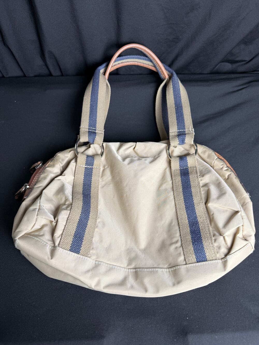 Barneys New York Khaki Nylon Shoulder Bag Blue Striped Handles